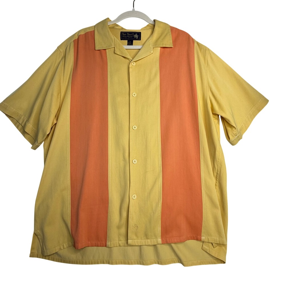 Nat Nast Silk Bowling Shirt XL Yellow Orange Retro Resort Camp Cabana